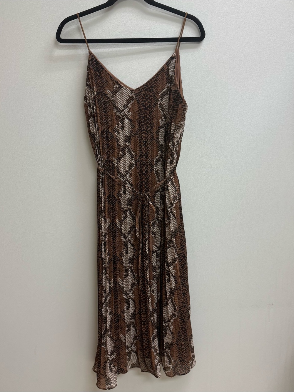 Women’s Brown Snake Print Midi Slip Dress Tie Waist Lined Spaghetti Strap Large